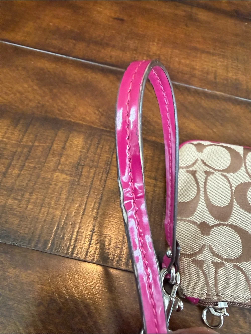 Coach Beige Signature Canvas Wristlet with Pink Trim